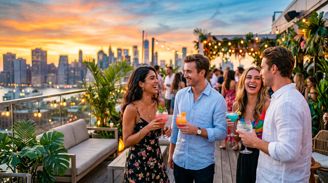 Grupo de amigos disfrutando una fiesta de verano en una azotea de lujo al atardecer con ambiente tropical y estilo premium.