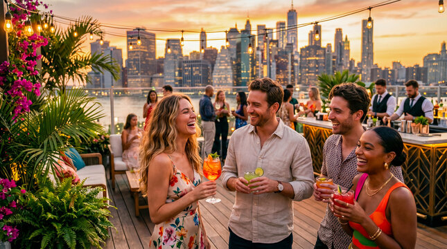 Grupo de amigos disfrutando una fiesta de verano en una azotea de lujo al atardecer con ambiente tropical y estilo premium.