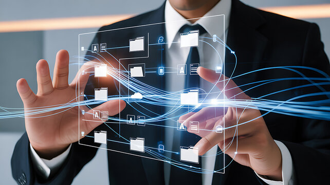 Document management system concept, software system for managing documents, information, organization. stores, searches, shares, controls data access, boosting efficiency and reducing data loss risks.