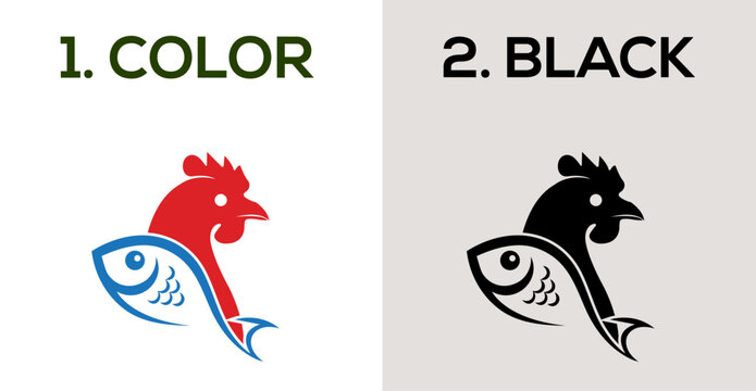 A logo design of a rooster and fish in color and black