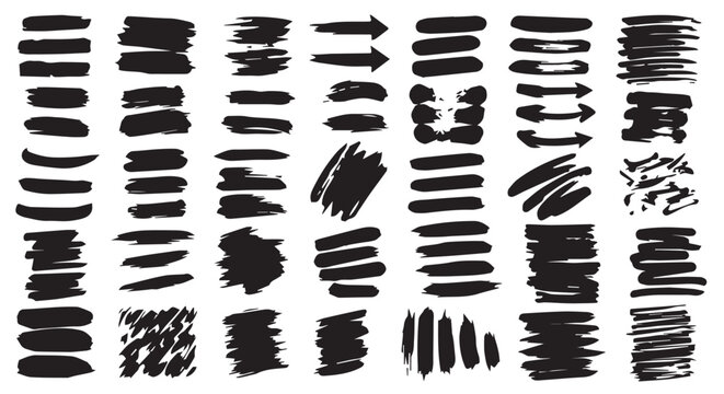 Paint splash splatter ink brush blobs set. Brush paint stroke set, Dry brush texture. Grunge paint lines, rough drawn elements. Dirty liquid spots, rough dust, grain pattern
