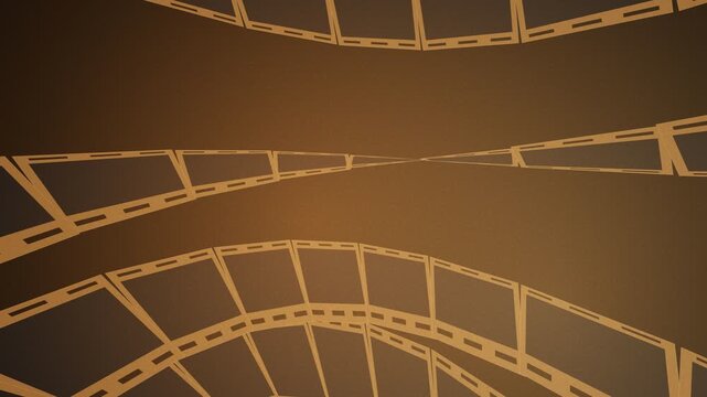 Curving Cinematic Film Strips Rotating in 3D Space with Golden Sepia Lighting and Media Frames Animation for Movie Production