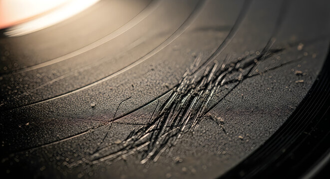 Close-up of a scratched vinyl record surface with dust during dramatic lighting for a concept of damage or nostalgia