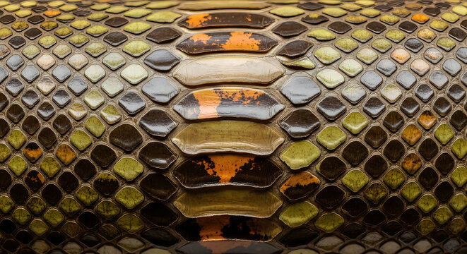 Detailed Python Snake Skin Texture with Orange Accents in Macro Close-up Studio Lighting