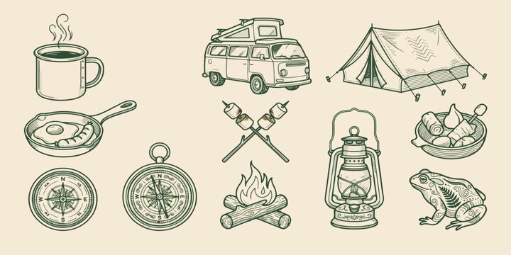 Camping doodle icon set hand drawn vector illustration