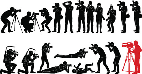 Silhouettes of photographers and videographers capturing images and videos in various professional shooting positions and techniques © MstFerdushe