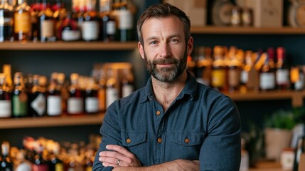 Fototapeta premium Bearded man with arms crossed in a specialty store with shelves of bottles