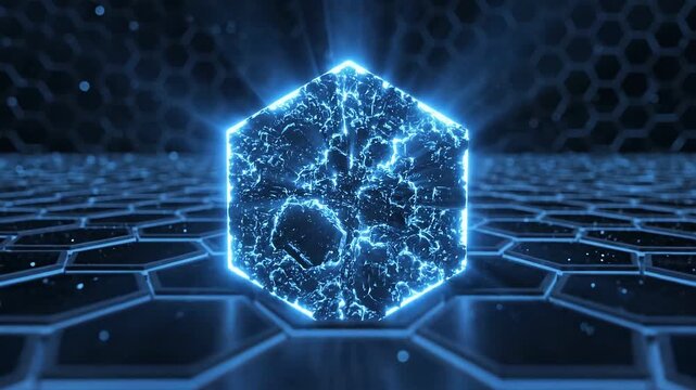 Glowing hexagonal shape stands out on dark digital grid. Light bursts create engaging visual experience in technology environment. Concept of software, digital design, virtual reality