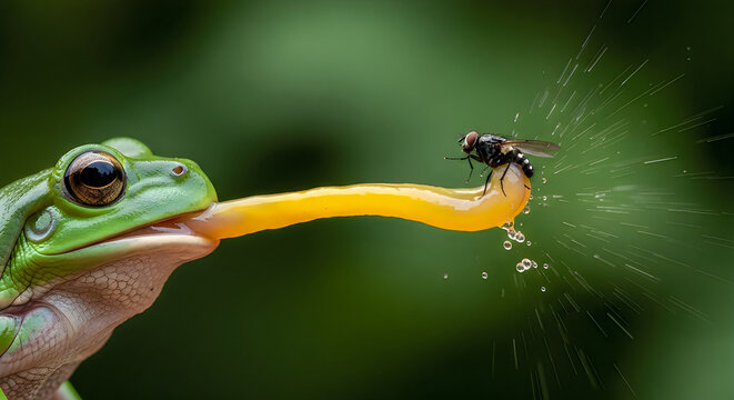 Green frog's sticky tongue catching a fly in natural green background with water droplets
