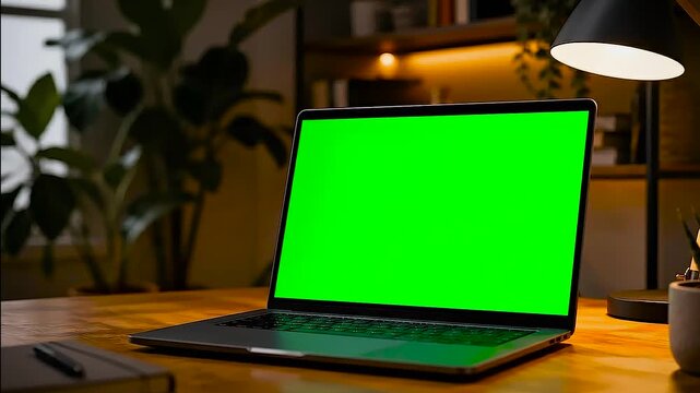 Laptop with green screen on wooden desk, indoor office setting