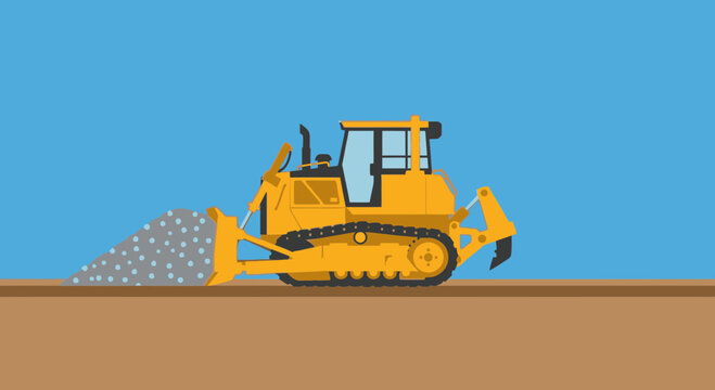 Bulldozer pushing gravel on construction site.