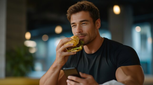 Fitness creator eating a real unfiltered meal between workout posts, phone screen showing carefully curated image beside the reality of takeout containers, relatable truth in the contrast, ideal