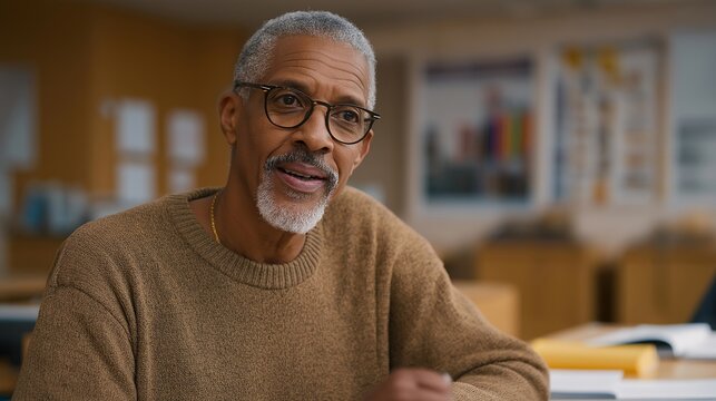 Multiracial older adults in community education workshop, animated discussion over open workbooks, Pride Month poster on classroom wall, warm indoor lighting, facilitator mid-question at front,