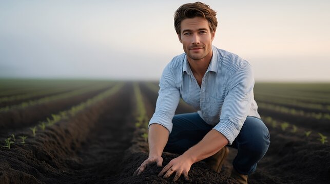 Weathered agricultural researcher kneeling in early morning mist, pressing bare hands into dark loamy soil, microscopic world implied beneath fingertips, rows of test crops stretching to