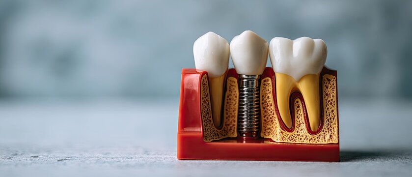 Model shows dental anatomy with dental implant and natural teeth on gray surface in natural light setup