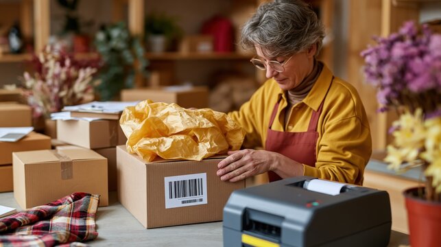 Small business owner carefully packaging an online order with protective filler material