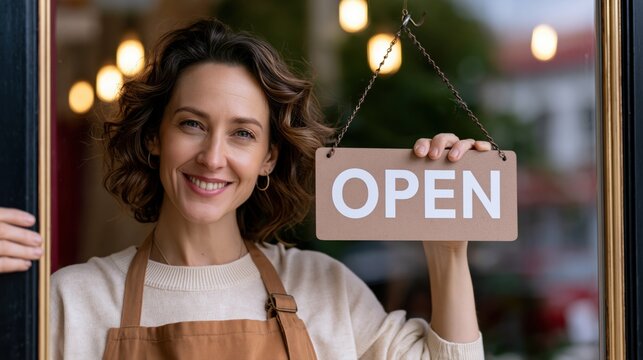 Smiling shop owner flips an open sign in the front window, ready for customers