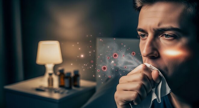 Man Coughing with Viral Virus Particles in Bedroom Medical Concept