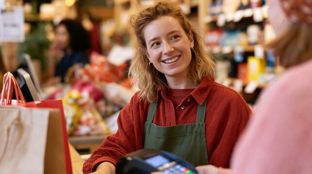 Smiling store owner assists customer at the checkout counter with payment terminal
