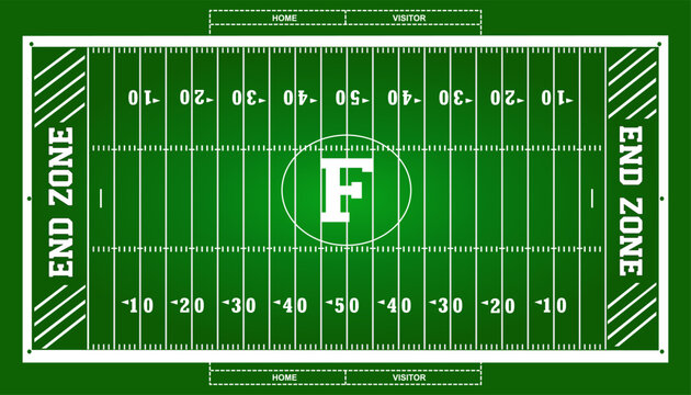 Green football field vector. Overhead view with yard lines. Bold letter F at midfield. White end zone text. Home and visitor benches marked. Symmetrical sports layout with striped corner details