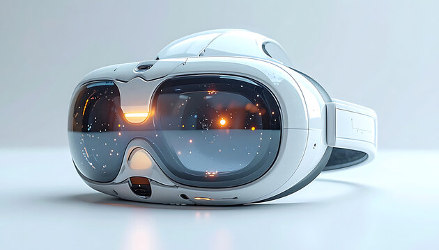 Futuristic white virtual reality headset with glowing lights reflected on lenses, digital entertainment and immersive gaming technology