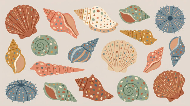 Collection of Various Seashells and Sea Urchins in Pastel Colors