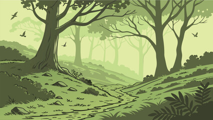 Stylized Nature Illustration of a Misty Forest Hillside with Flying Birds and Ancient Trees © SABIHA