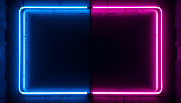 Neon blue and pink square frames on dark background for design and advertising