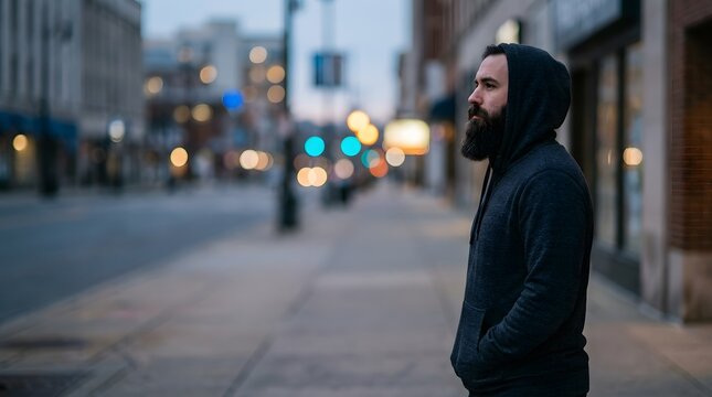 A man with a beard is standing on a city street at dusk. He has his hands in his pockets and looks toward the ground. Lights from nearby shops create a warm atmosphere