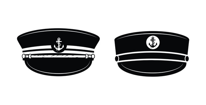 Nautical captain hat vector set, black marine sailor cap icons, navy officer headwear