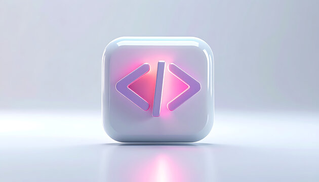 Glossy cube icon with purple glowing angle brackets symbol representing coding and programming, clean digital concept