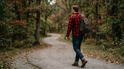 Obraz premium A man wearing a checkered shirt and carrying a backpack walks on a dirt path lined with trees. Leaves have changed colors, indicating fall