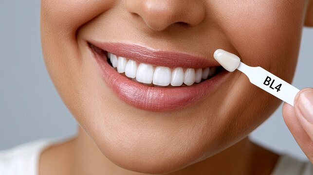 Close-up view of a person smiling broadly with white teeth and a dental shade guide held next to their mouth in a well-lit setting
