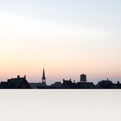 Obraz premium Minimalist cityscape silhouette with church steeple and water tower at dawn.