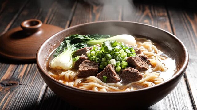 Hot steaming beef noodle soup on a dark wooden table