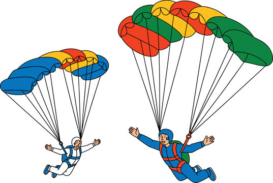Skydiving vector illustration showing two skydivers gliding down with bright colorful open parachutes on white