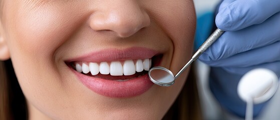 Fototapeta premium Dental examination taking place with a dental mirror in the mouth showing healthy teeth and gums in a close up studio shot