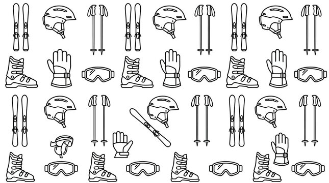 Winter Ski and Snowboard Equipment Seamless Pattern, Outline Icons on Isolated White Background