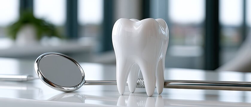 Dental still life with white molar tooth replica and silver mirror on a reflective countertop in a dental office setting