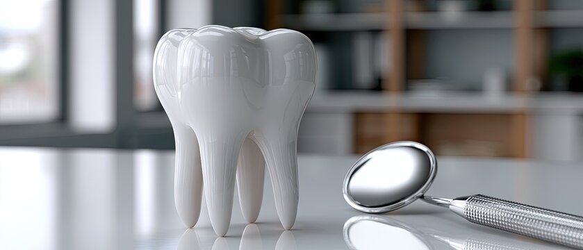 Dental still life showing a large white molar tooth replica and a silver dental mirror on a reflective surface in a dental office setting
