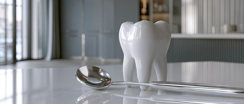 Dental still life shows a large molar tooth replica and a silver dental mirror on a white countertop in a dental office setting