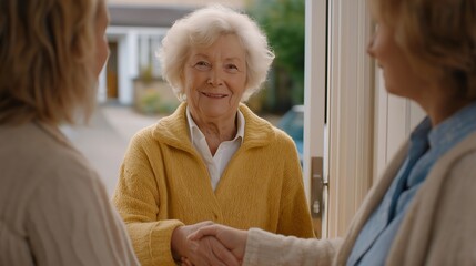 Obraz premium A senior woman handing a neighbor a single house key on her doorstep, both looking quietly emotional, the door open to a nearly empty hallway behind her, rain softening the background street,