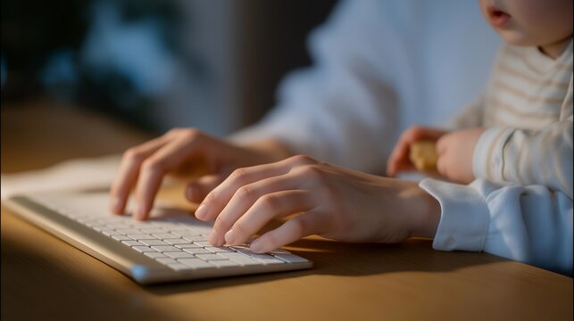 Close up of two hands over keyboard, one passing toddler snack off to side while maintaining typing posture, candid slice-of-life framing, ideal for work from home toddler interruption, and modern