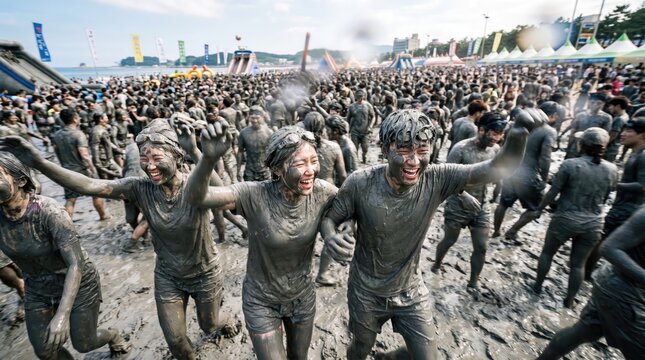 Cheerful People Covered in Mud Celebrating at Boryeong Mud Festival in South Korea