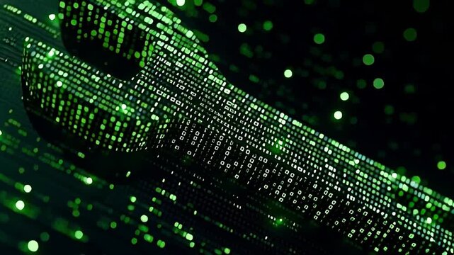 Abstract wrench symbol made of glowing green binary code floating in a digital environment. Representing concepts like it support. System configuration. Software maintenance. And technological tools