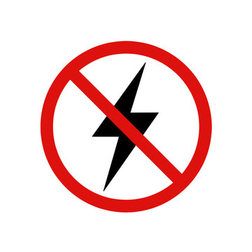 Prohibition sign with lightning bolt icon, no electricity warning symbol. Concept of power outage, energy saving or electrical hazard