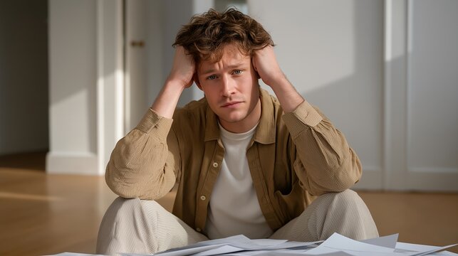 Young first time buyer sitting alone in an empty apartment, papers fanned across the bare floor, hands gripping hair in overwhelmed posture, harsh midday sun flooding bare walls, raw emotion
