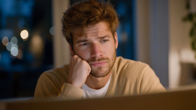 Man staring at frozen buffering screen during critical video presentation, frustrated expression, home office setting, soft window light, relatable tension, perfect for home office internet speed,