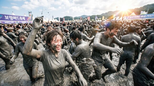 Cheerful People Covered in Mud Celebrating at Boryeong Mud Festival in South Korea