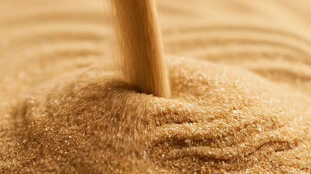 A stream of fine golden sand pours into a mound of granular sand, creating ripples and a sense of flowing time in a close-up, abstract macro shot with a shallow depth of field